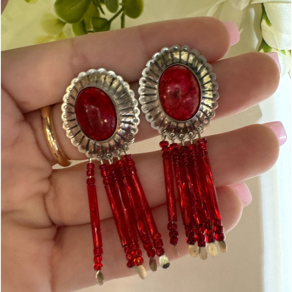 Vintage Sterling Silver 925 Statement Earrings Red drop fringe earrings